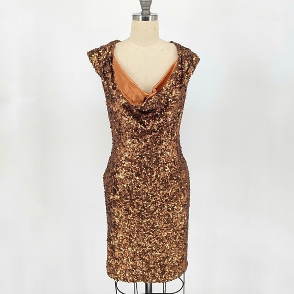 French Connection Sequin Cowl Neck Dress Brown 2 party cocktail evening NYE - Picture 1 of 7